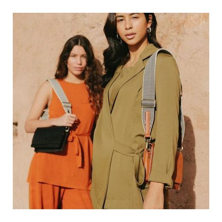 O My Bag - Black & White / Cognac - Sangle à carreaux en coton