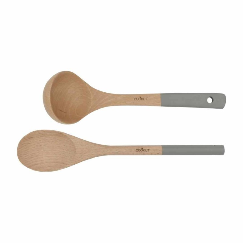 Set Louche & Cuillére bois Cookut – Ustensiles doux pour cocotte et poêle – Gris Perle
