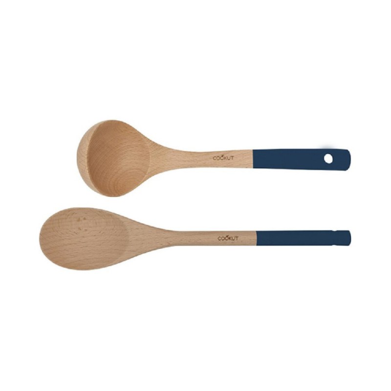 Set Louche & Cuillére bois Cookut – Ustensiles doux pour cocotte et poêle – Bleu Myrtille
