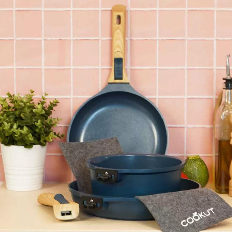 Trio Poêles + Casserole Cookut – Bleu myrtille | Poignées amovibles, sans PFAS, four & induction 