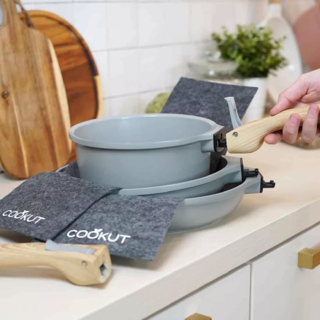 Trio Poêles + Casserole Cookut – Gris Perle | Poignées amovibles, sans PFAS, four & induction 