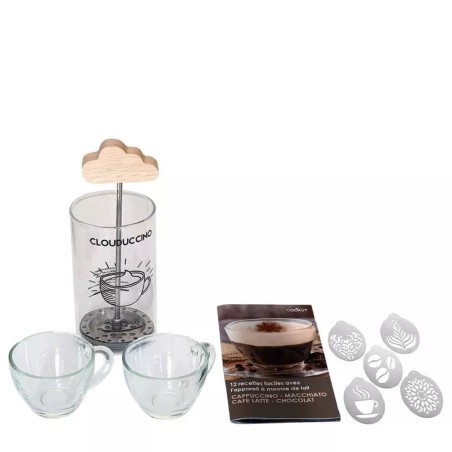 Kit Barista Cookut – Mousseur à lait manuel + 2 tasses + pochoirs