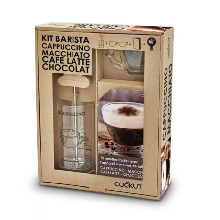 Kit Barista Cookut – Mousseur à lait manuel + 2 tasses + pochoirs