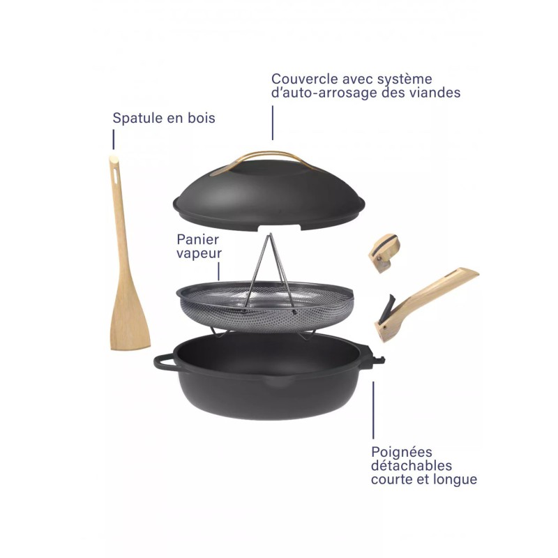 La Fabuleuse Cookut – Poêle multifonction 28 cm – Noir météore | 8 fonctions, couvercle auto-arrosage, sans PFOA 