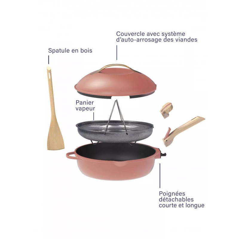 La Fabuleuse Cookut – Poêle multifonction 28 cm – Rose pivoine | 8 fonctions, couvercle auto-arrosage, sans PFOA 