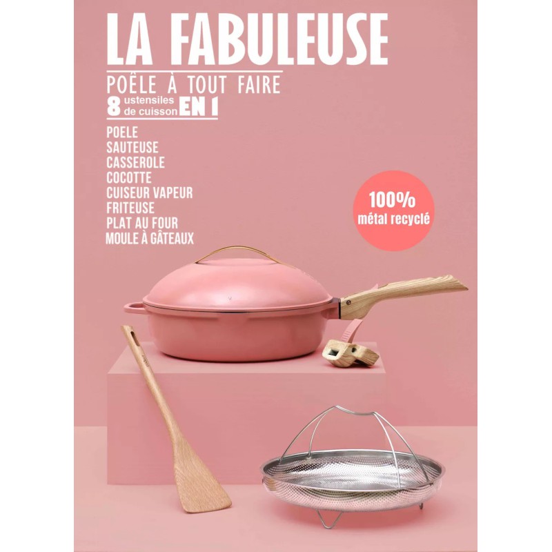 La Fabuleuse Cookut – Poêle multifonction 28 cm – Rose pivoine | 8 fonctions, couvercle auto-arrosage, sans PFOA 