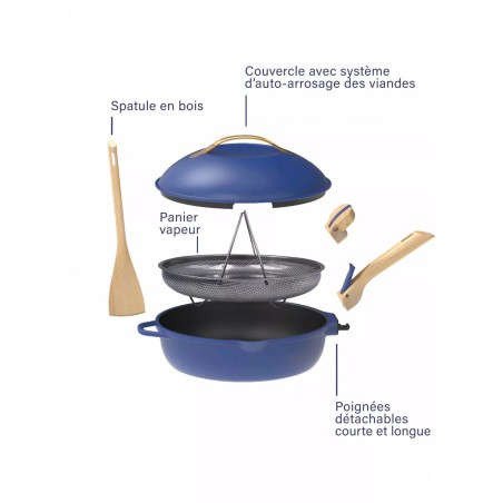 La Fabuleuse Cookut – Poêle multifonction 28 cm – Saphir | 8 fonctions, couvercle auto-arrosage, sans PFOA 