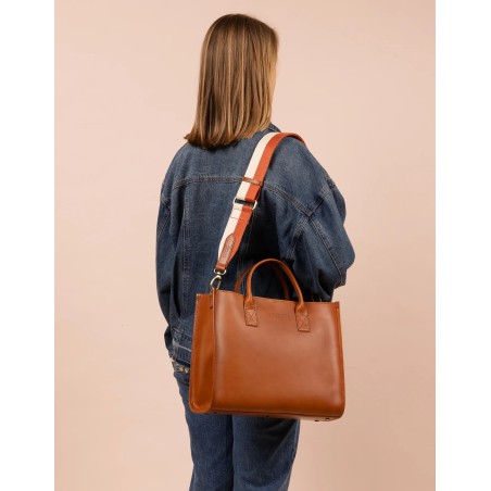 *O My Bag -  Striped Webbing Strap - Copper & White / Cognac Classic Leather