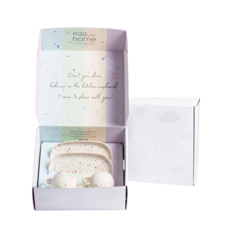 Set 4 pièces Espresso & Mini Plateaux Party – Egg Back Home, Grès Artisanal