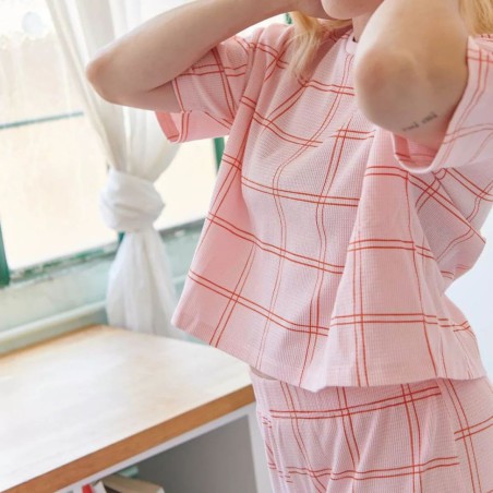 Pyjama coton bio gaufré carreaux orange – Certifié OEKO-TEX®, fabriqué au Portugal