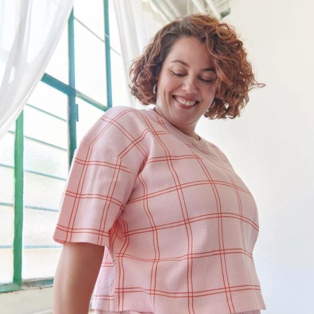 Pyjama coton bio gaufré carreaux orange – Certifié OEKO-TEX®, fabriqué au Portugal