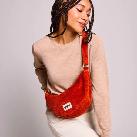 Sac banane Andrea velours côtelé beige bleu marine – Hindbag, forme demi-lune pratique et élégante