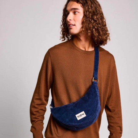 Sac banane Andrea velours côtelé beige bleu marine – Hindbag, forme demi-lune pratique et élégante