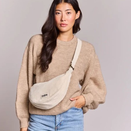 Sac banane Andrea velours côtelé beige bio – Hindbag, forme demi-lune pratique et élégante