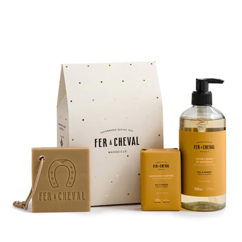 Coffret Noël - Savon liquide & solide Miel, tranche de savon de Marseille - Fer à cheval