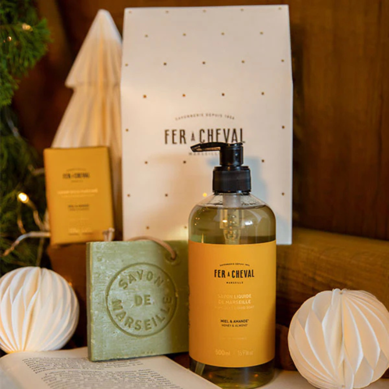 Coffret Noël - Savon liquide & solide Miel, tranche de savon de Marseille - Fer à cheval