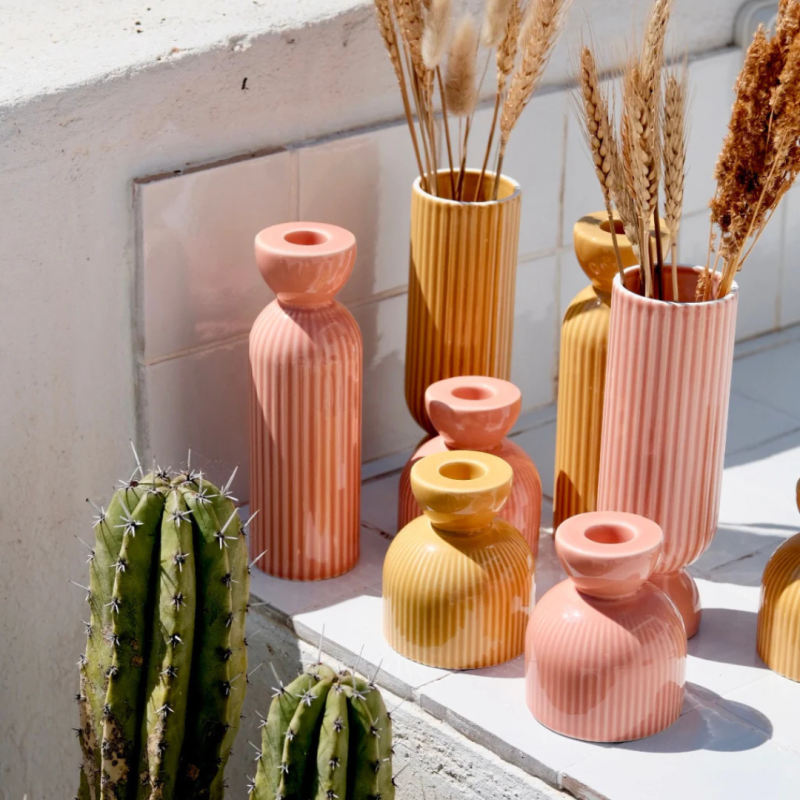 Bougeoir en céramique Lus – rose Poudré, Vert, pêche, jaune & Miel | Décoration artisanale Oustao