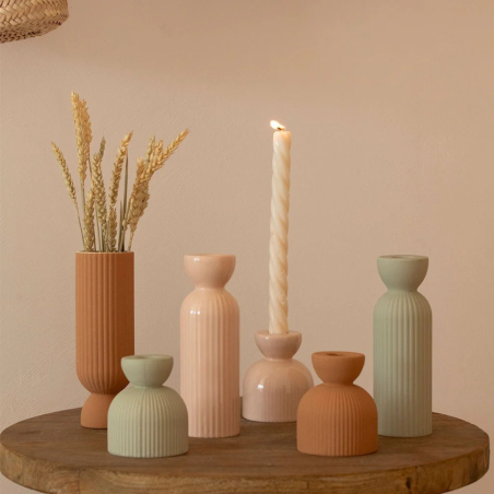 Bougeoir en céramique Lus - grand modele – rose Poudré, Vert, pêche, jaune & Miel | Décoration artisanale Oustao