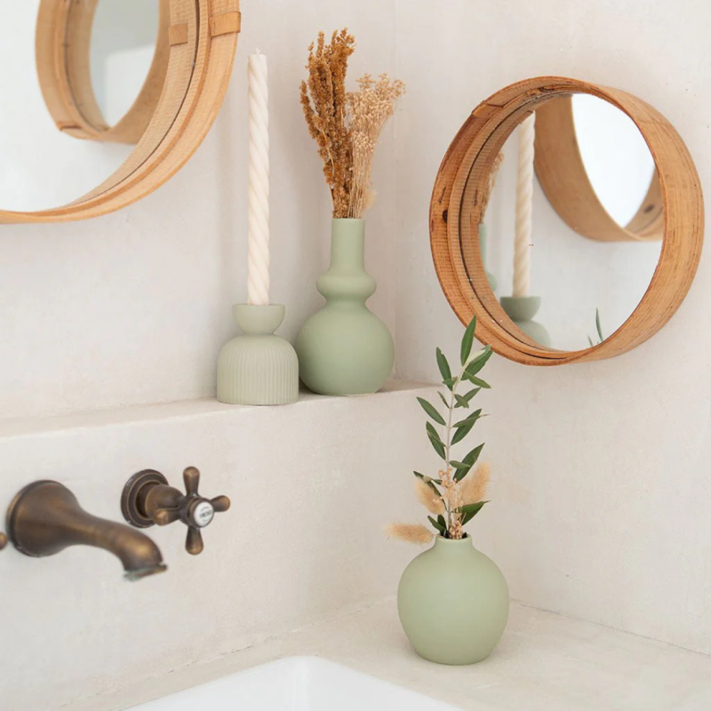 Bougeoir en céramique Lus – rose Poudré, Vert, pêche, jaune & Miel | Décoration artisanale Oustao