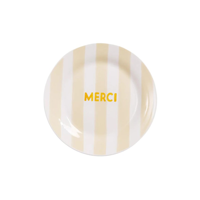 Assiette porcelaine 19 cm “Merci” rayée - Emoi Emoi | Lucie in the R