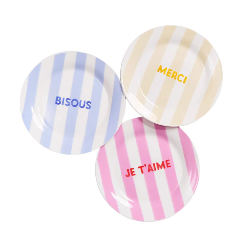Assiette porcelaine 19 cm “Merci” rayée - Emoi Emoi | Lucie in the R